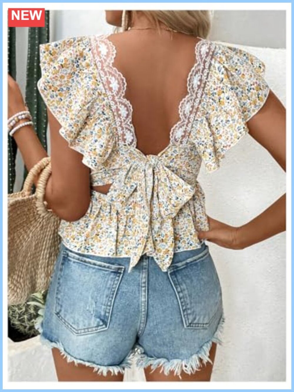 Floral Boho Blouse Bow Tie Back Ruffle Sleeve Lace Cute Top - Picture 2 of 5